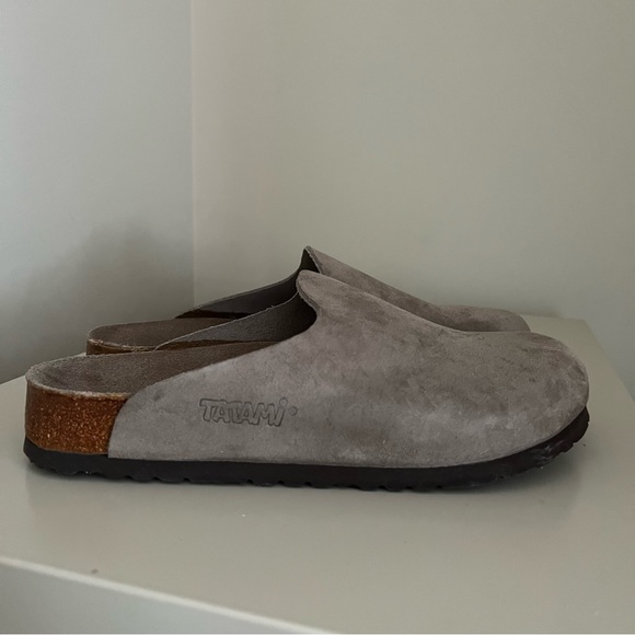 Birkenstock Shoes - Birkenstock Tatami Suede Slip-On Clog Taupe Tan Stone Neutral Leather Mule